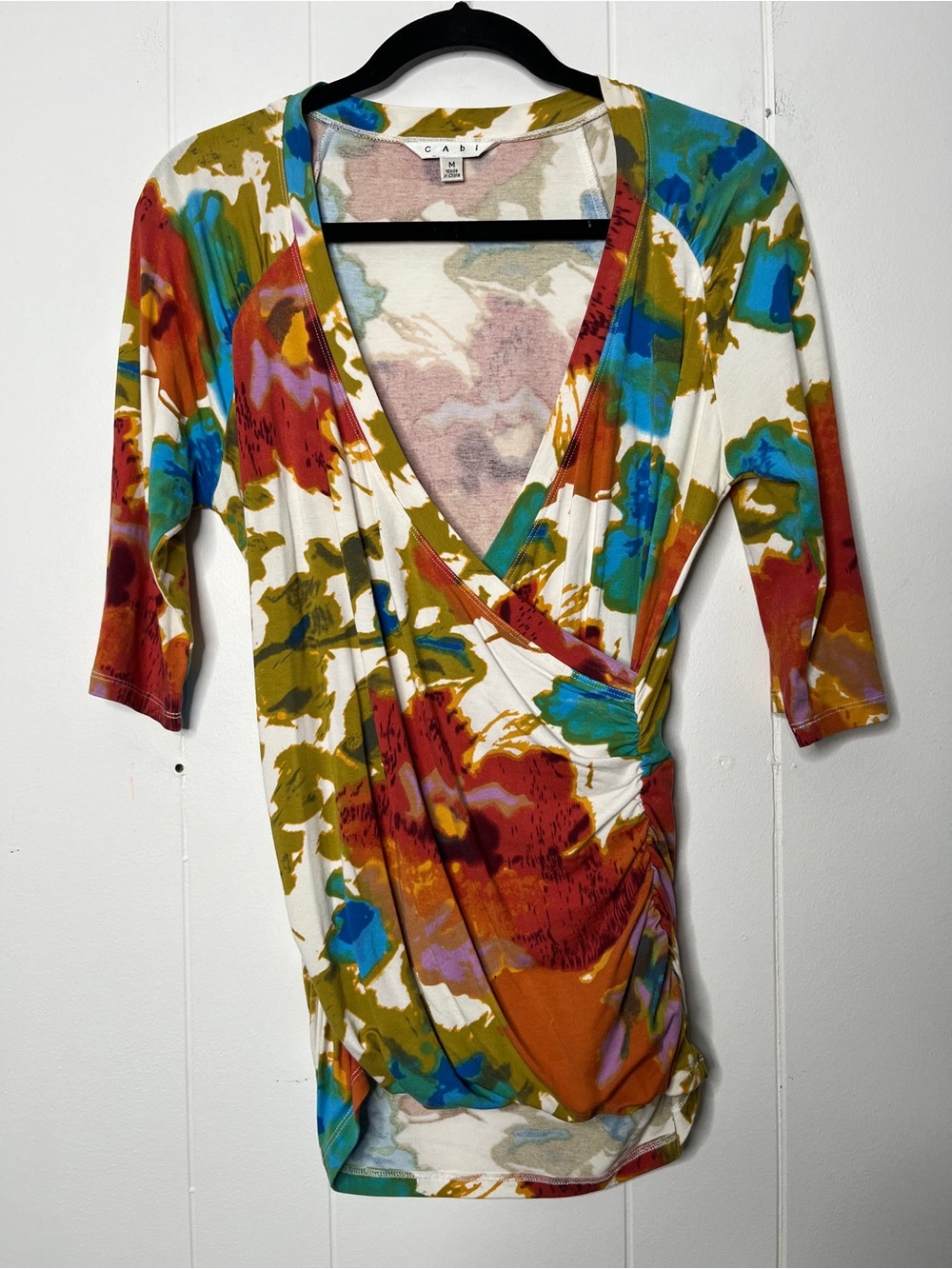CAbi Abstract Floral Wrap-Style Women's Top Multicolor Size M Elbow Sleeves